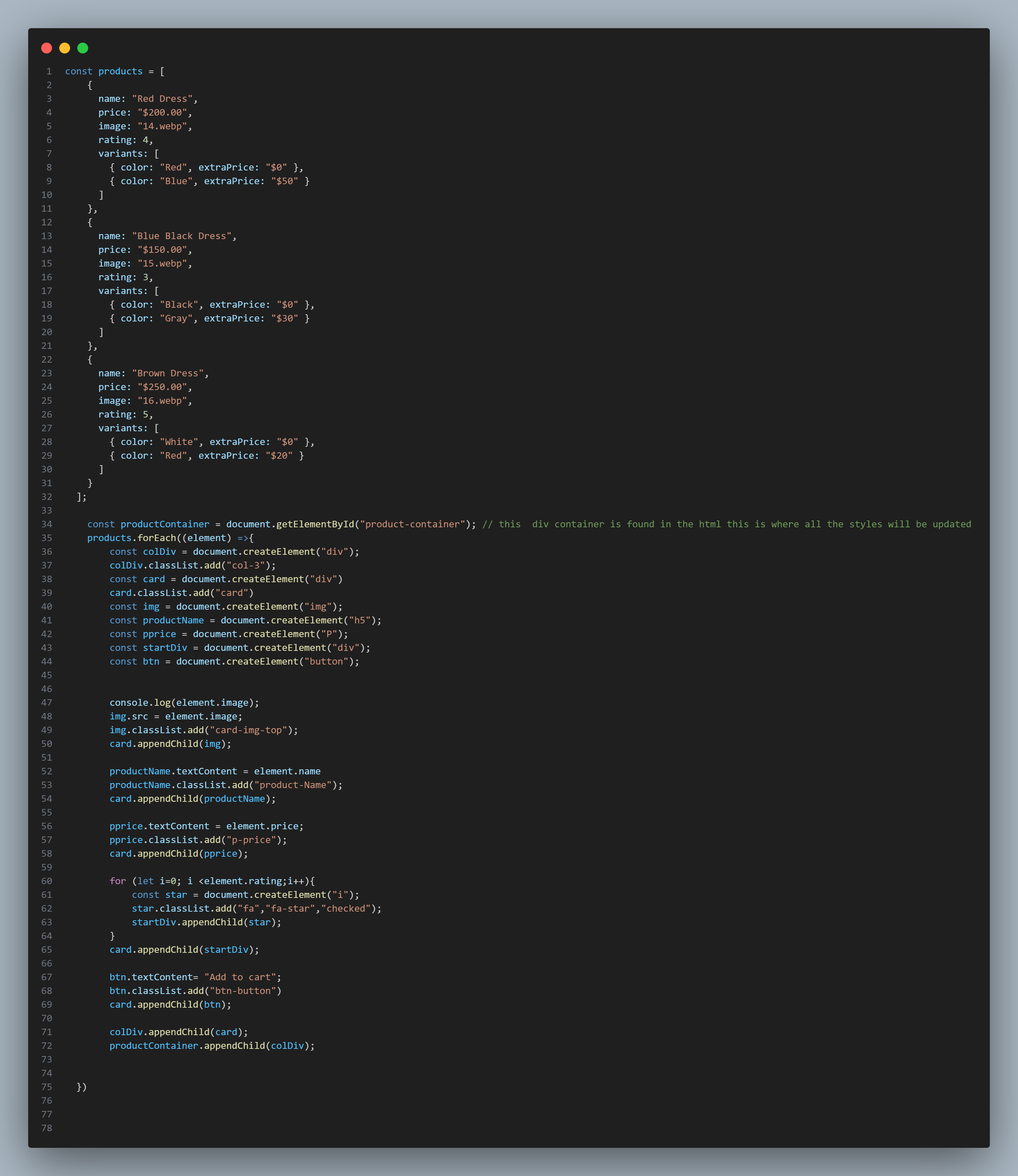 Rendered product cards from array using forEach()