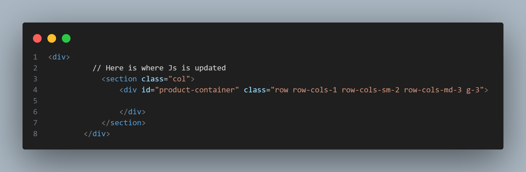 Bootstrap layout showing the div for displaying array items